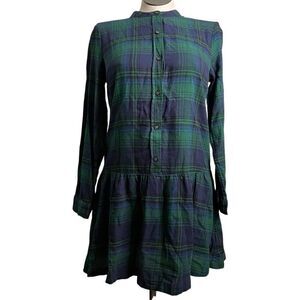 Gap Womens Flannel Tartan Plaid Mini Shirtdress M Green Mandarin Collar Classic